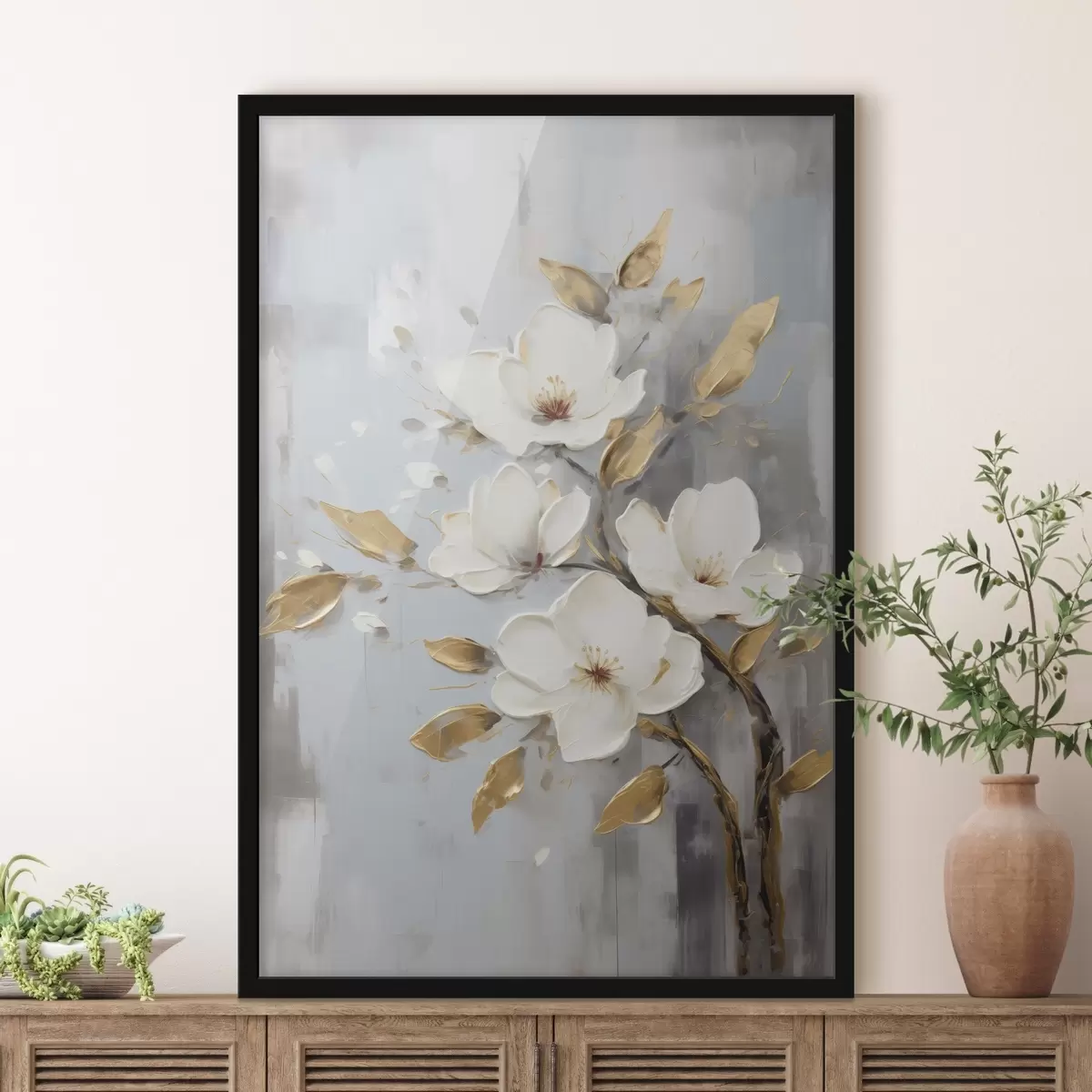 Poster Zweig mit weißen Blüten und gelb-orangefarbenen Blättern f45692