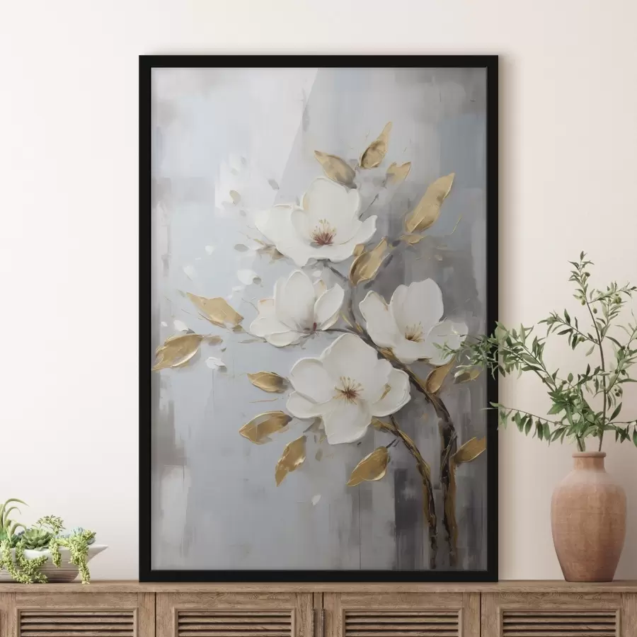 Fototapete Zweig mit weißen Blüten und gelb-orangefarbenen Blättern f45692
