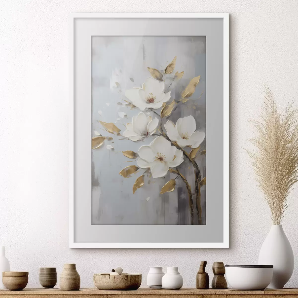 Poster Zweig mit weißen Blüten und gelb-orangefarbenen Blättern f45692