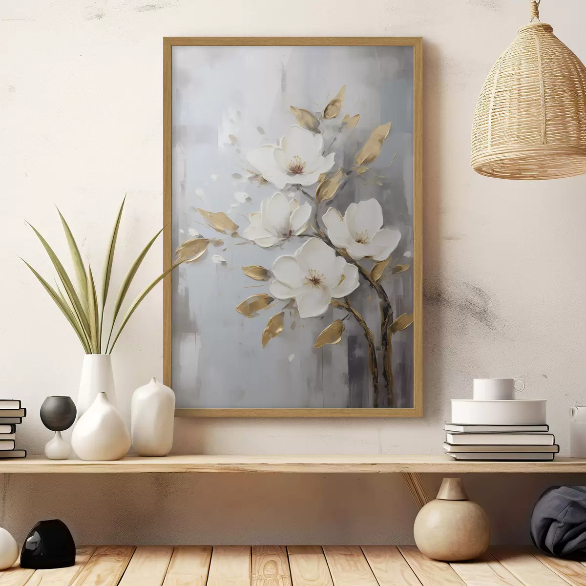 Poster Zweig mit weißen Blüten und gelb-orangefarbenen Blättern f45692