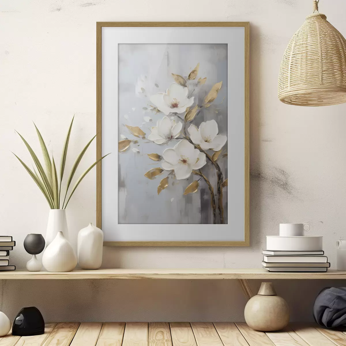 Poster Zweig mit weißen Blüten und gelb-orangefarbenen Blättern f45692