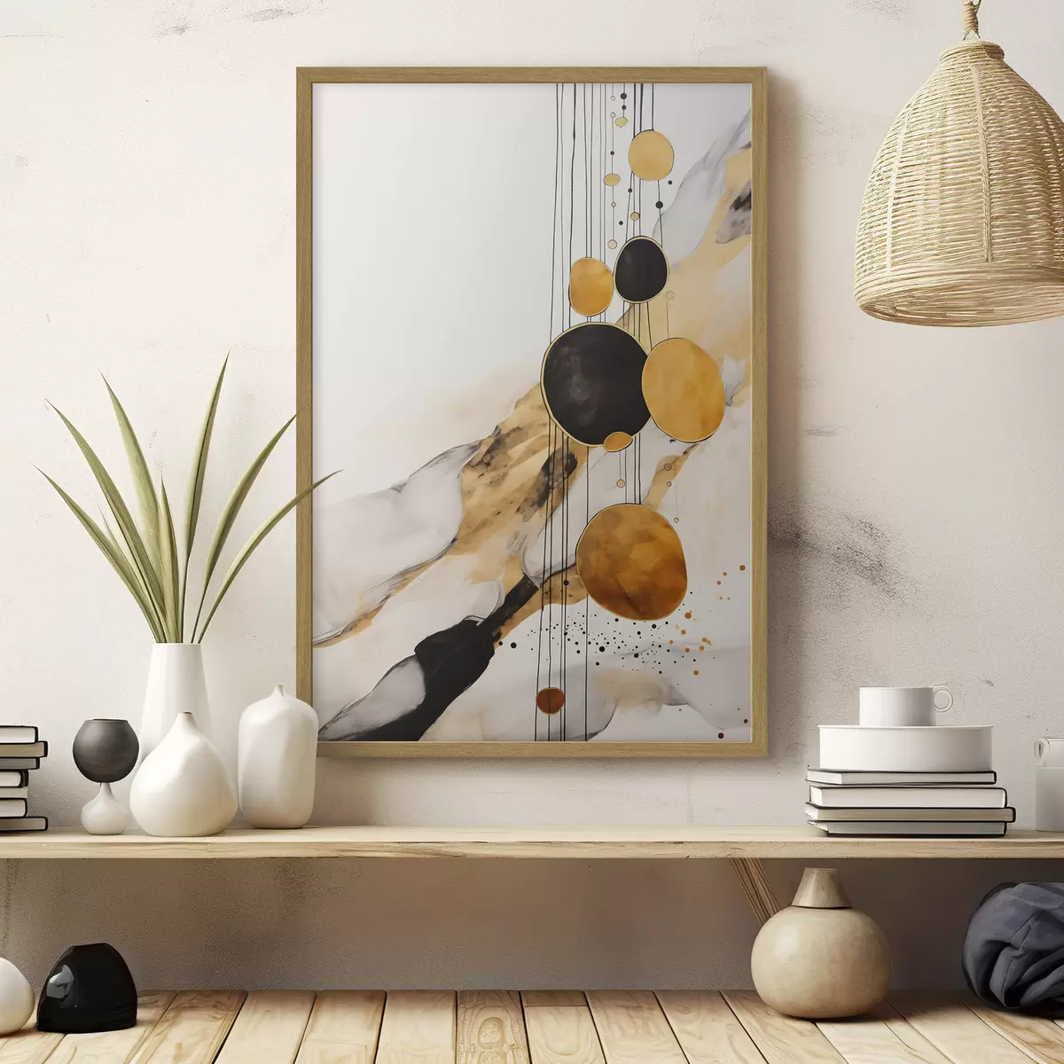 Poster Abstrakte orange und schwarze Kreise auf einem hellen Hintergrund f45693