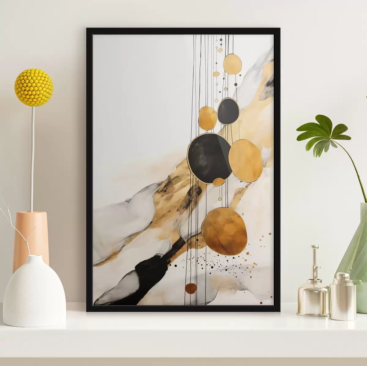 Poster Abstrakte orange und schwarze Kreise auf einem hellen Hintergrund f45693