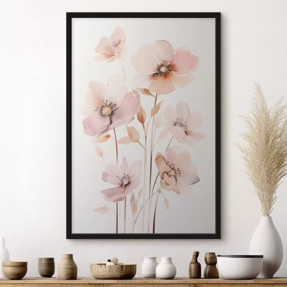 Poster Aquarell rosa Blumen auf dünnen Stielen f45701