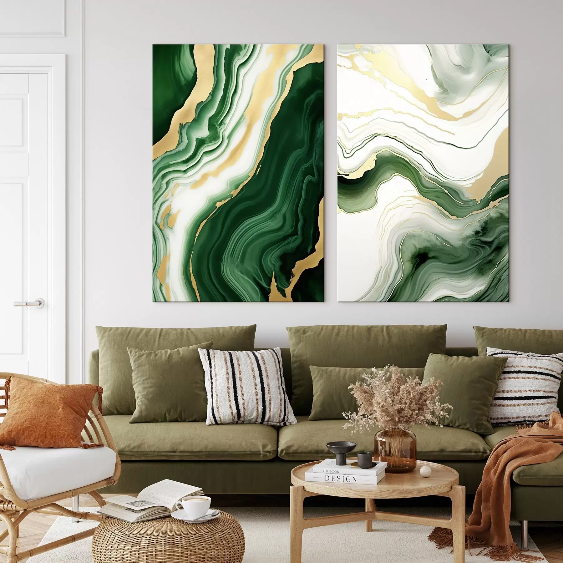 Fototapete Grüne und weiße Marmortexturen mit orange-gelben Adern m00688