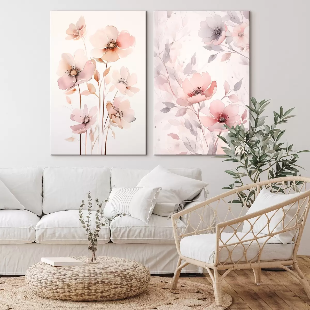 Fototapete Aquarell rosa Blumen auf dünnen Stielen m00690