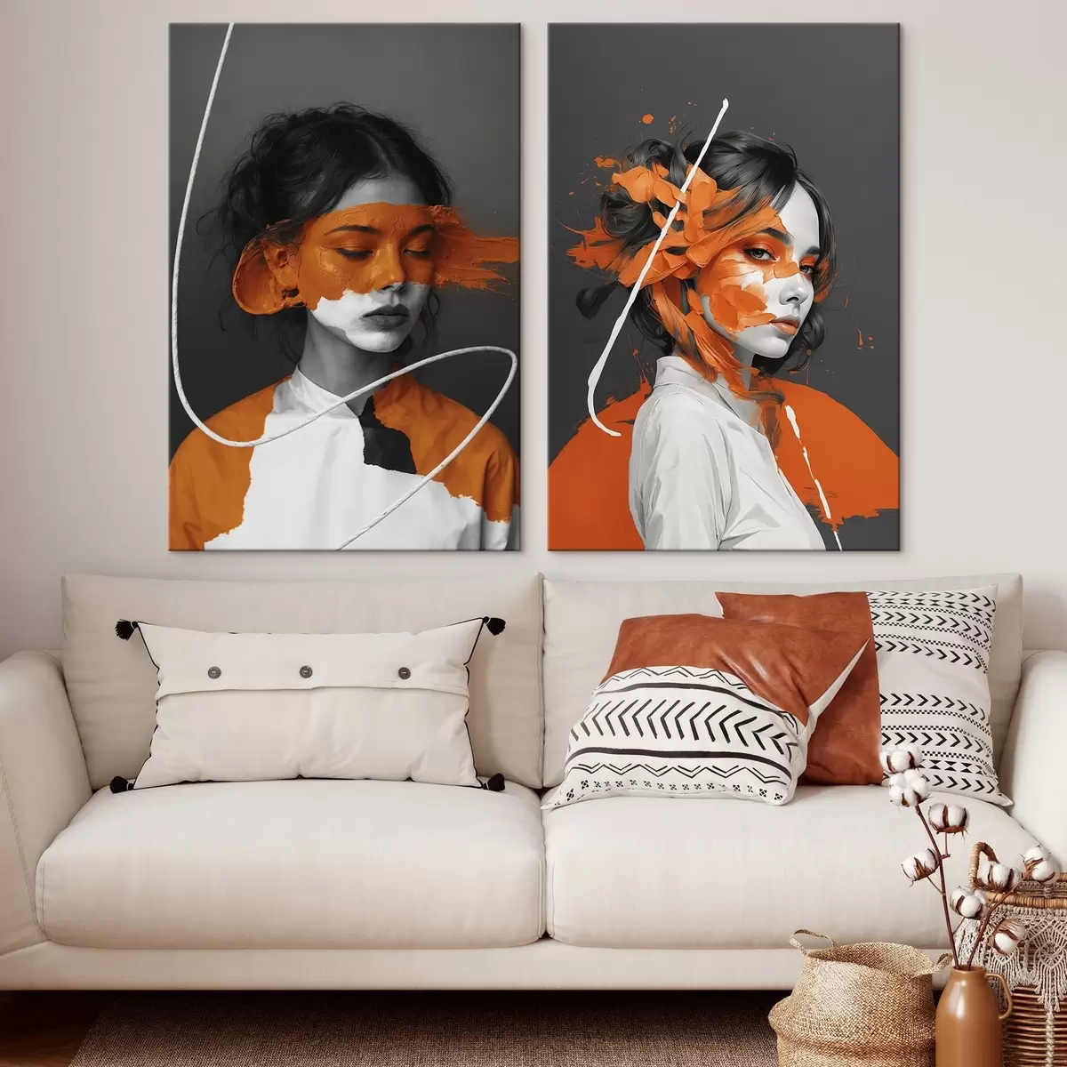 Fototapete Porträts von Mädchen mit abstrakten orangefarbenen Pinselstrichen m00693