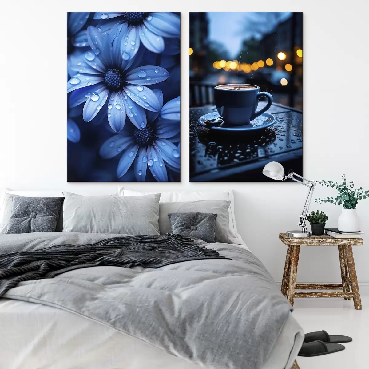 Fototapete Blaue Blumen mit Wassertropfen und eine Tasse Kaffee im Regen m00694