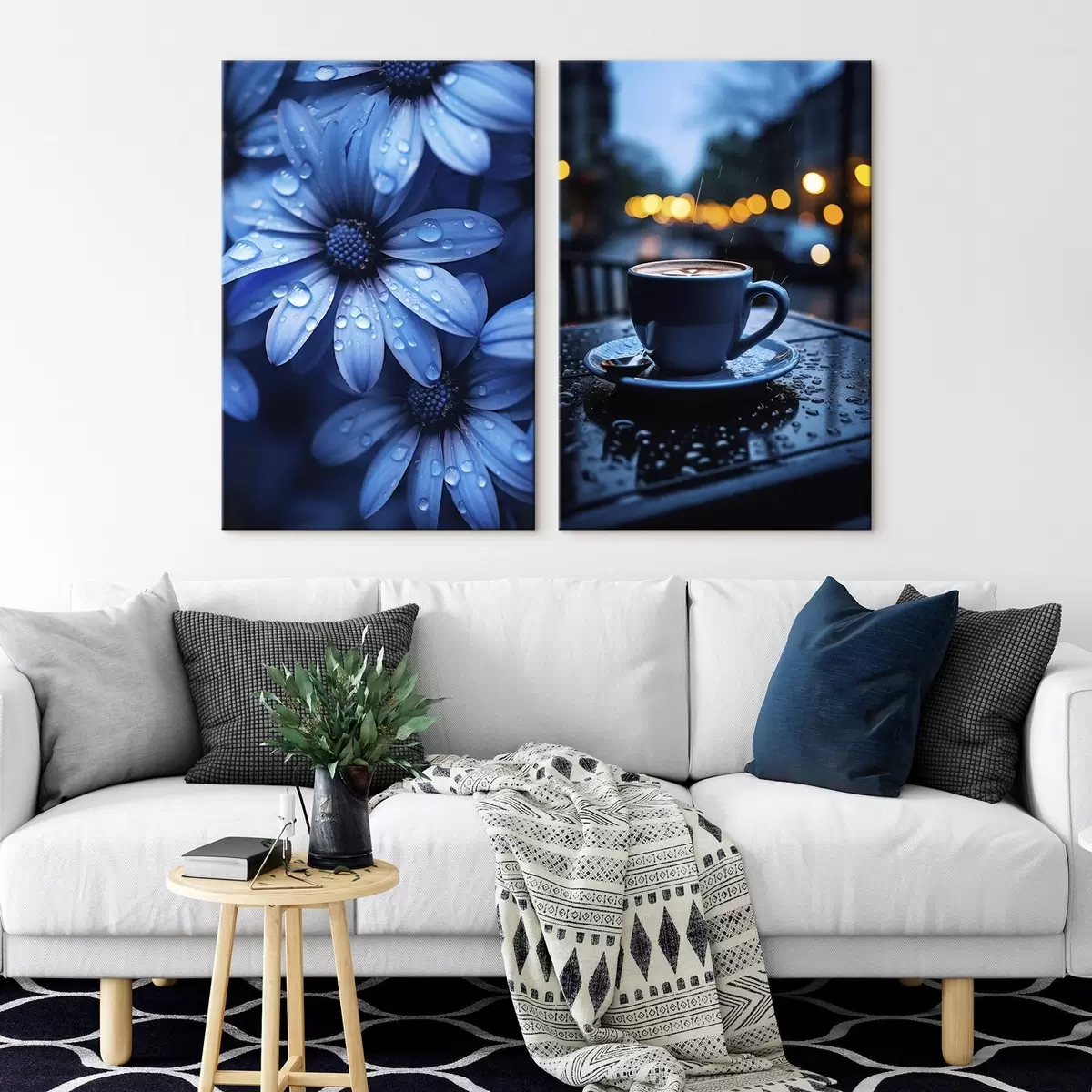 Fototapete Blaue Blumen mit Wassertropfen und eine Tasse Kaffee im Regen m00694