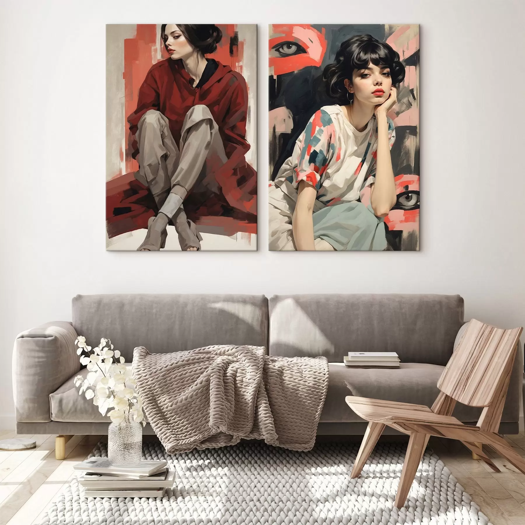 Fototapete Porträts von Mädchen in roten und beigen abstrakten Stilen m00695