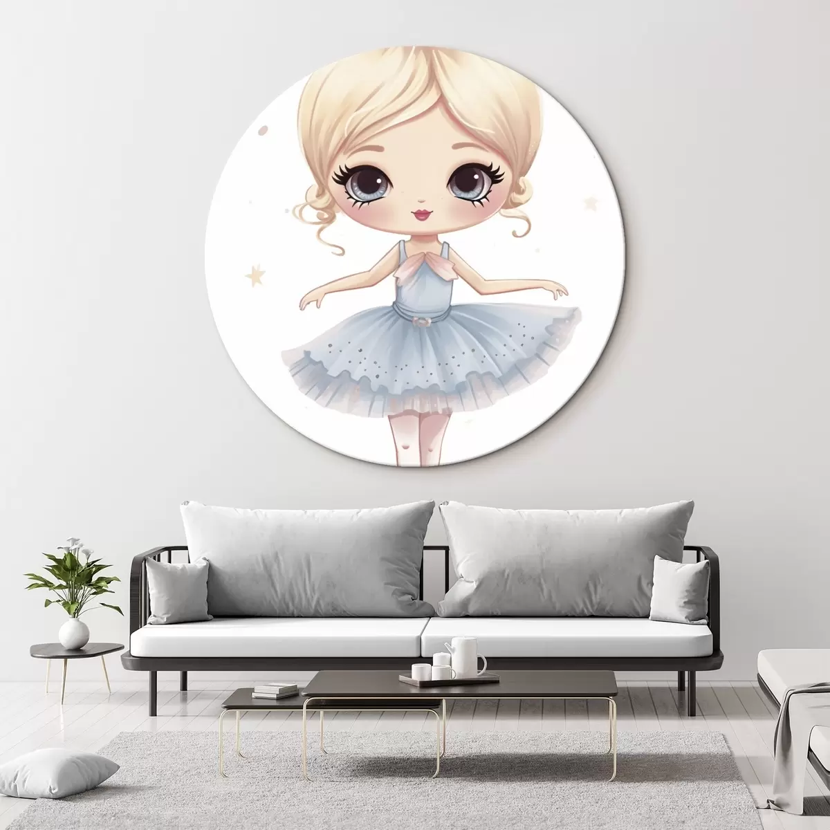 Runde Wandbilder Ballerina-Puppe in einem blauen Kleid mit Schleife r45481