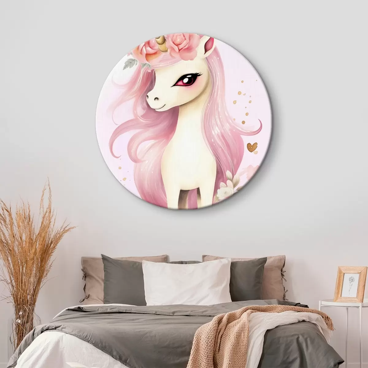 Runde Wandbilder Einhorn mit rosa Mähne und Blumenkranz r45484