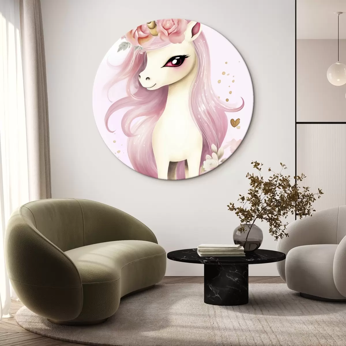 Runde Wandbilder Einhorn mit rosa Mähne und Blumenkranz r45484