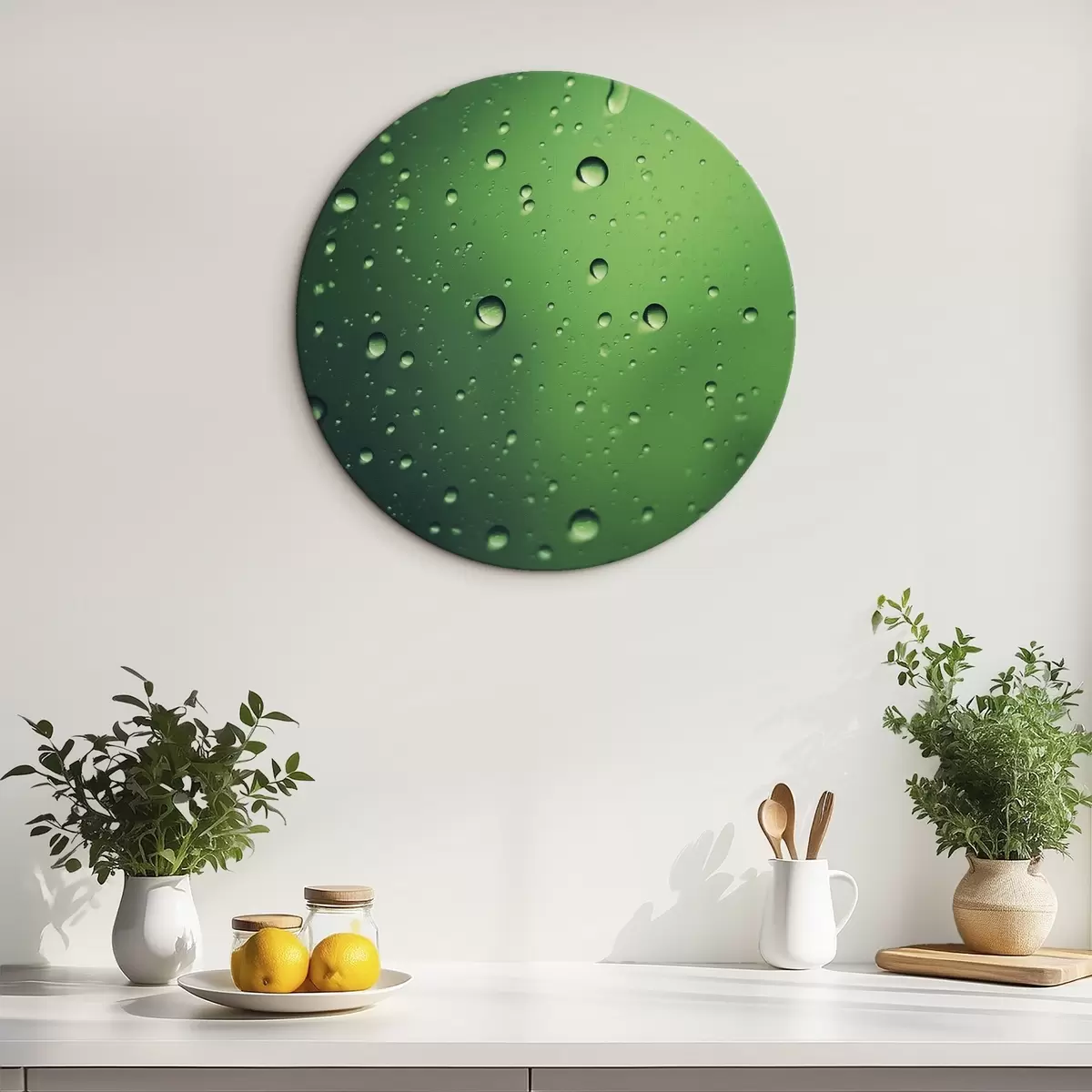 Runde Wandbilder Wassertropfen auf grünem Glas Großaufnahme r45521