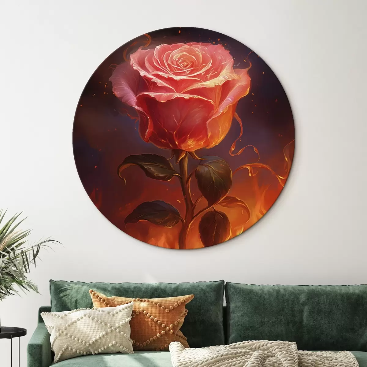 Runde Wandbilder Rote Rose zwischen Feuer und Funken r45523