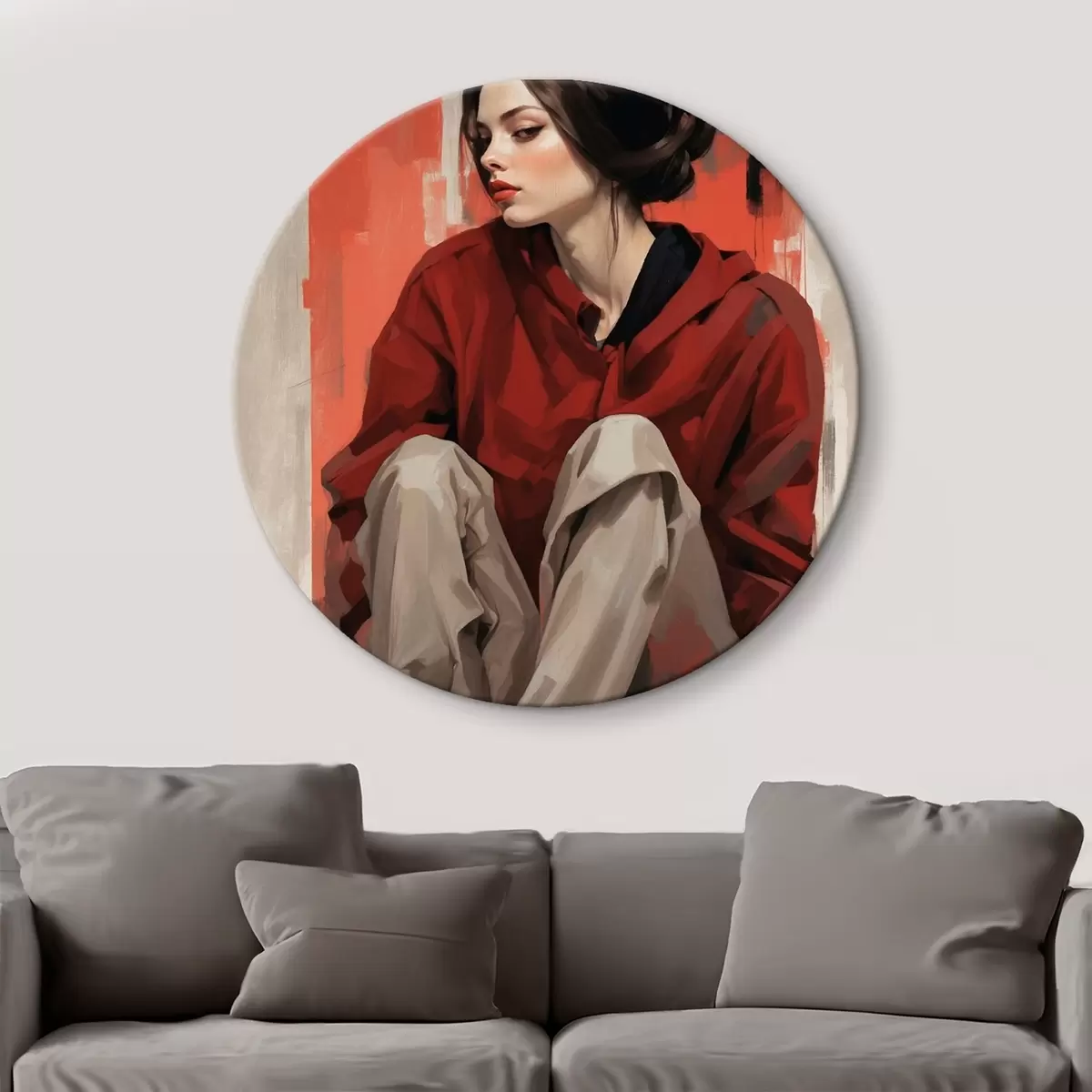 Runde Wandbilder Mädchen in rotem Mantel sitzend mit verschränkten Beinen r45624