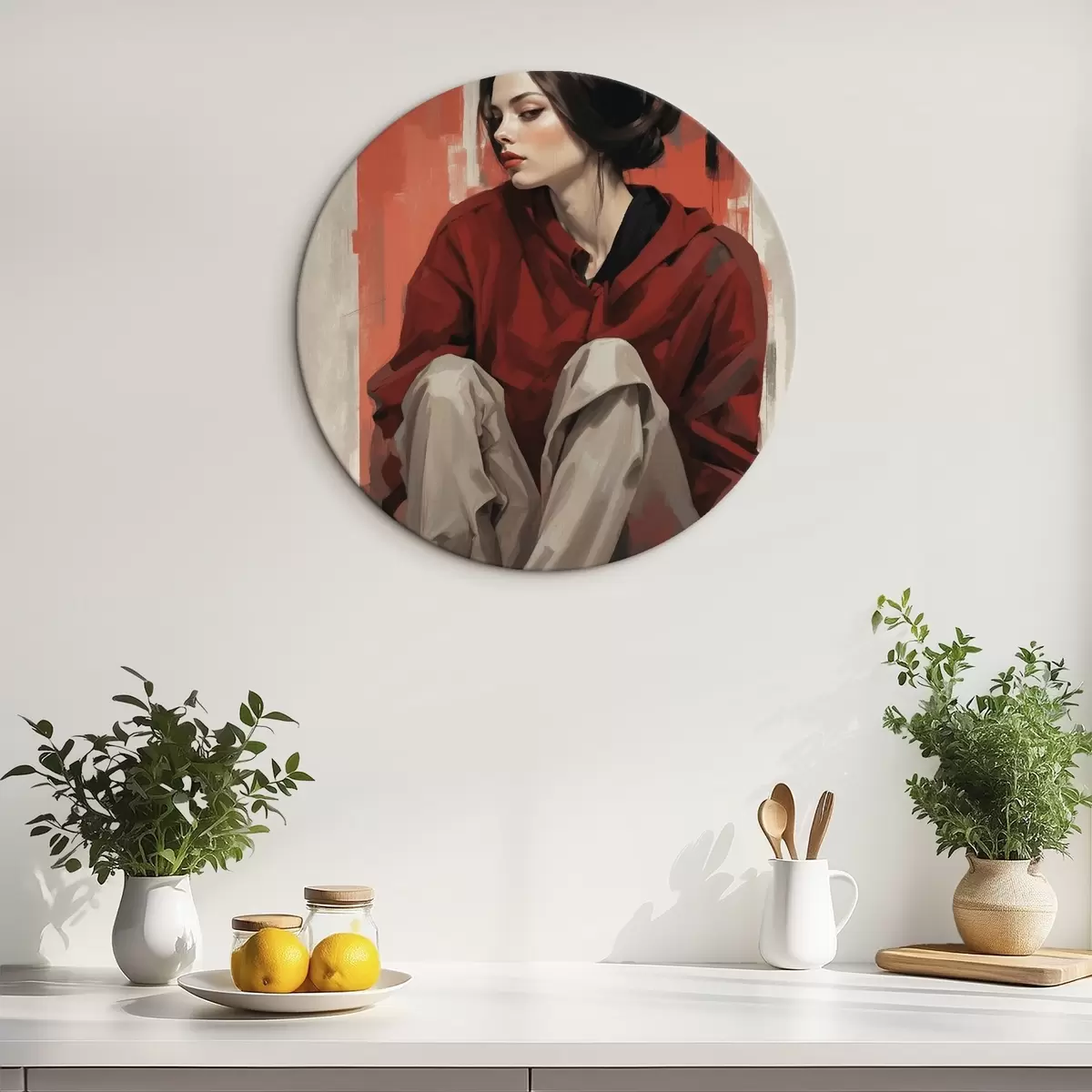 Runde Wandbilder Mädchen in rotem Mantel sitzend mit verschränkten Beinen r45624