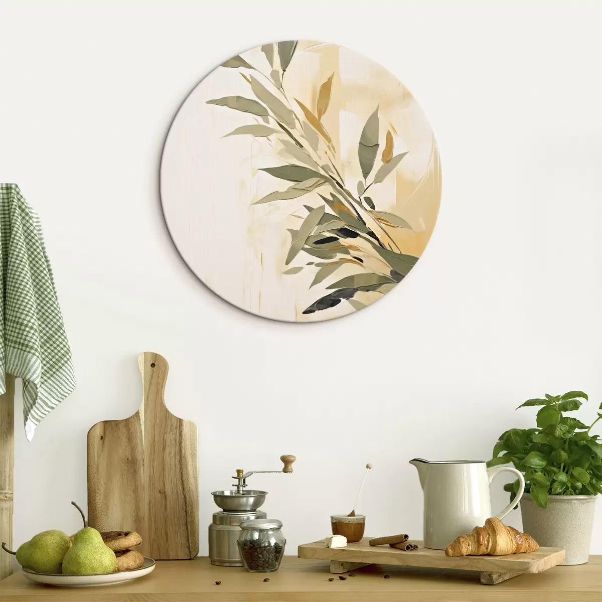Runde Wandbilder Botanischer Zweig mit grünen Blättern auf einem warmen Hintergrund r45690
