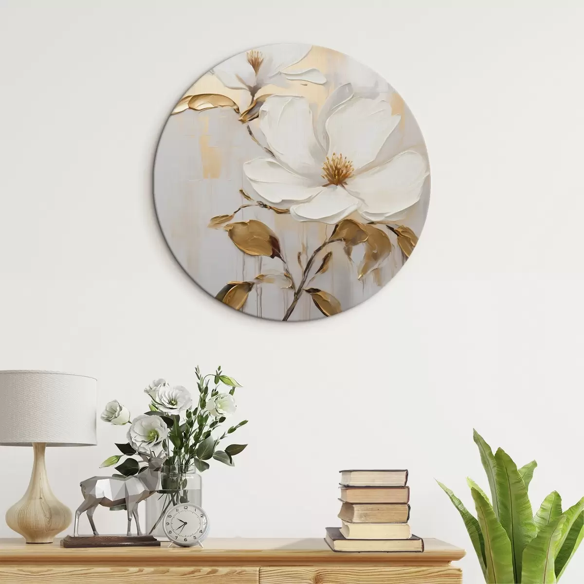 Runde Wandbilder Zwei weiße Blüten mit gelb-orangefarbenen Blättern auf hellem Hintergrund r45691