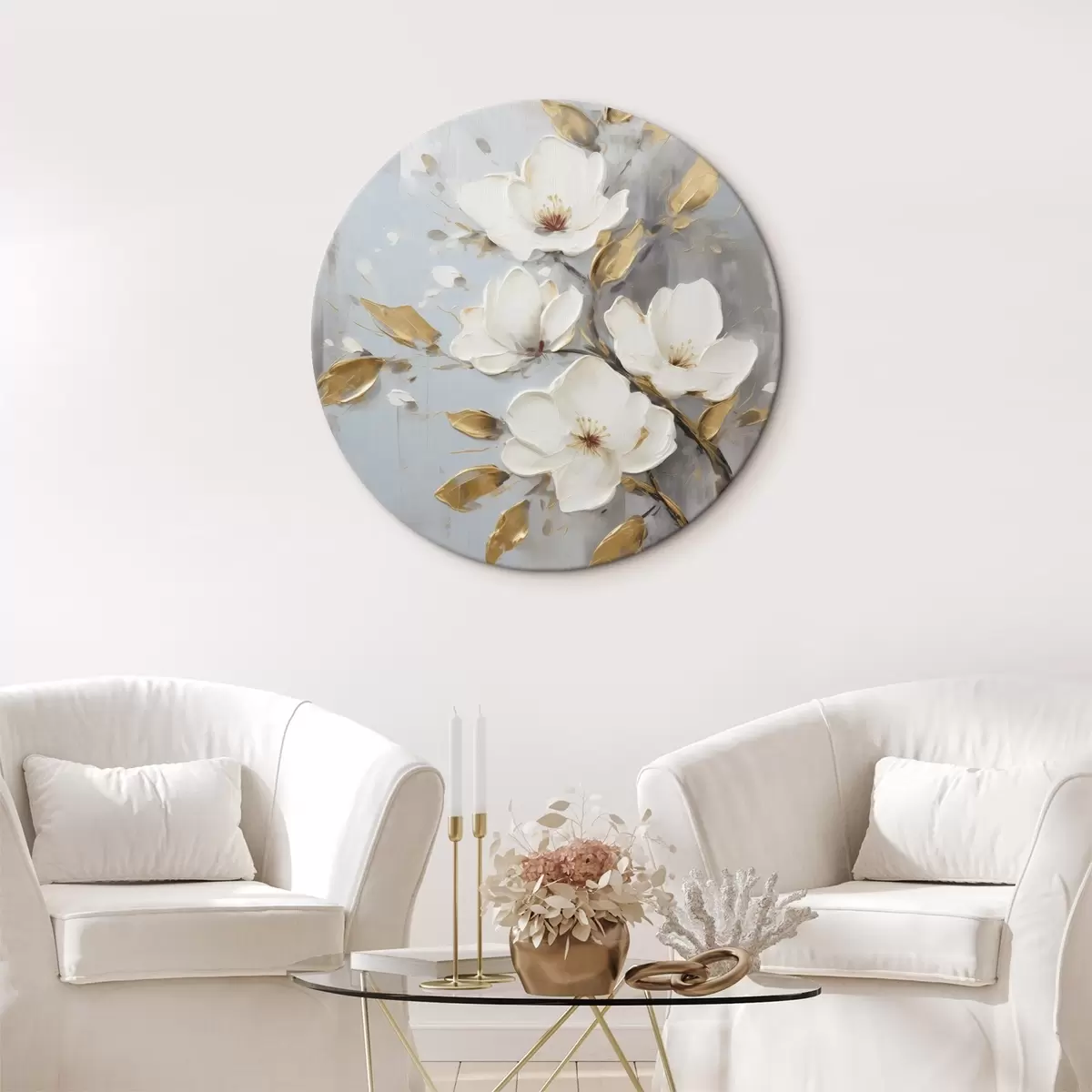 Runde Wandbilder Zweig mit weißen Blüten und gelb-orangefarbenen Blättern r45692