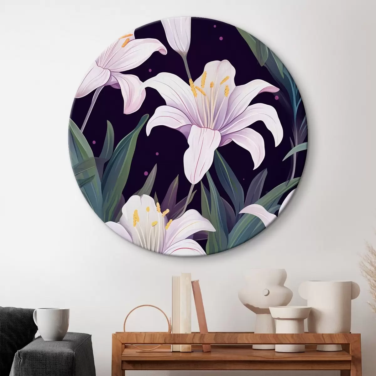 Runde Wandbilder Zarte Lilien auf dunklem Hintergrund mit grünen Blättern r45697