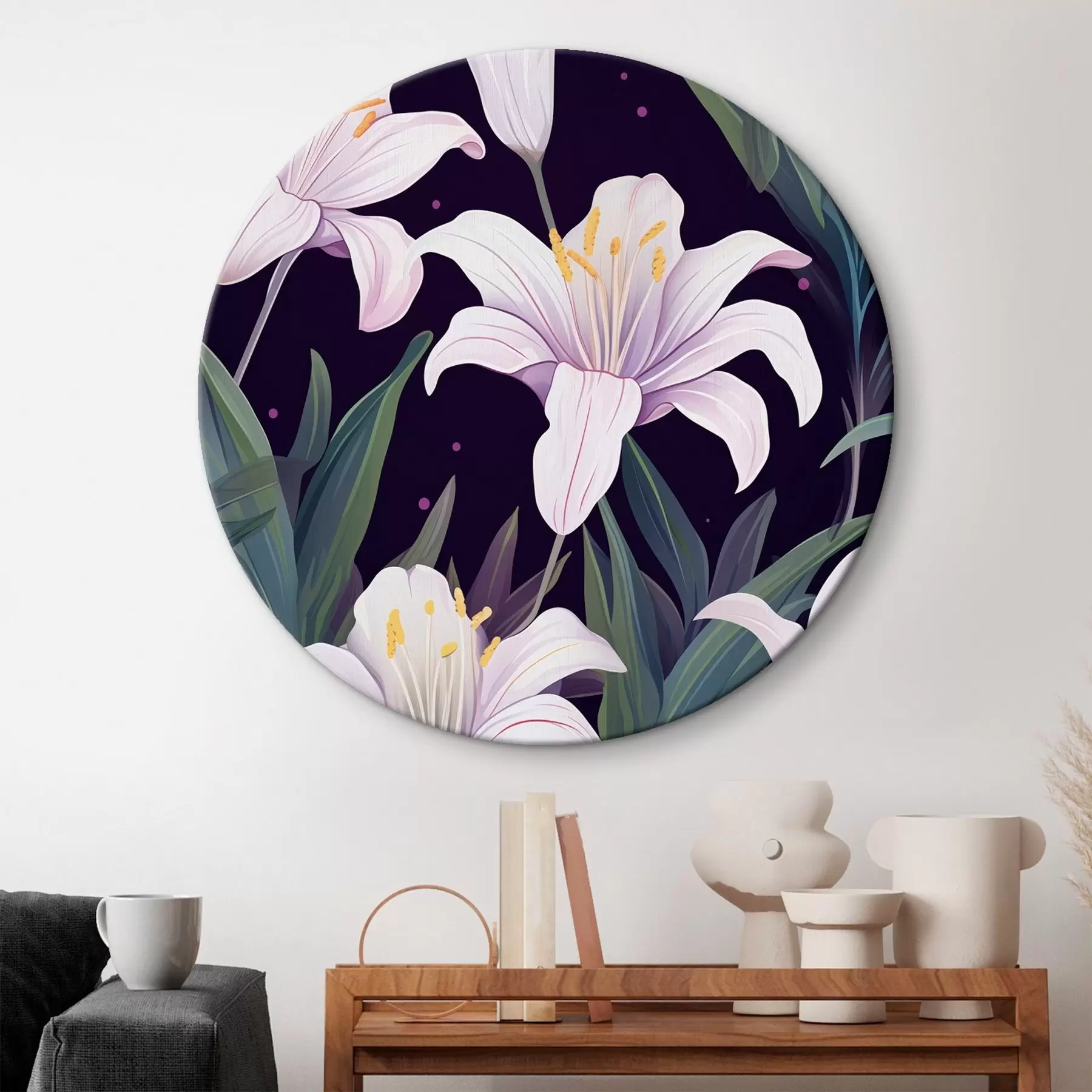 Fototapete Zarte Lilien auf dunklem Hintergrund mit grünen Blättern r45697