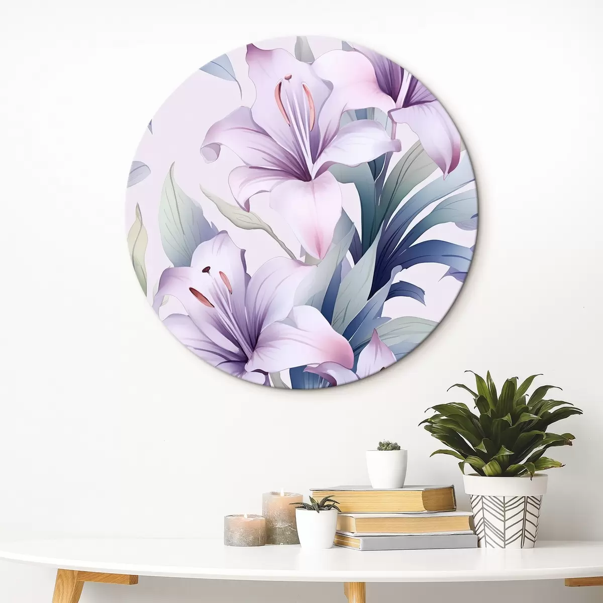 Runde Wandbilder Große rosa-violette Lilien mit grünen Blättern r45698