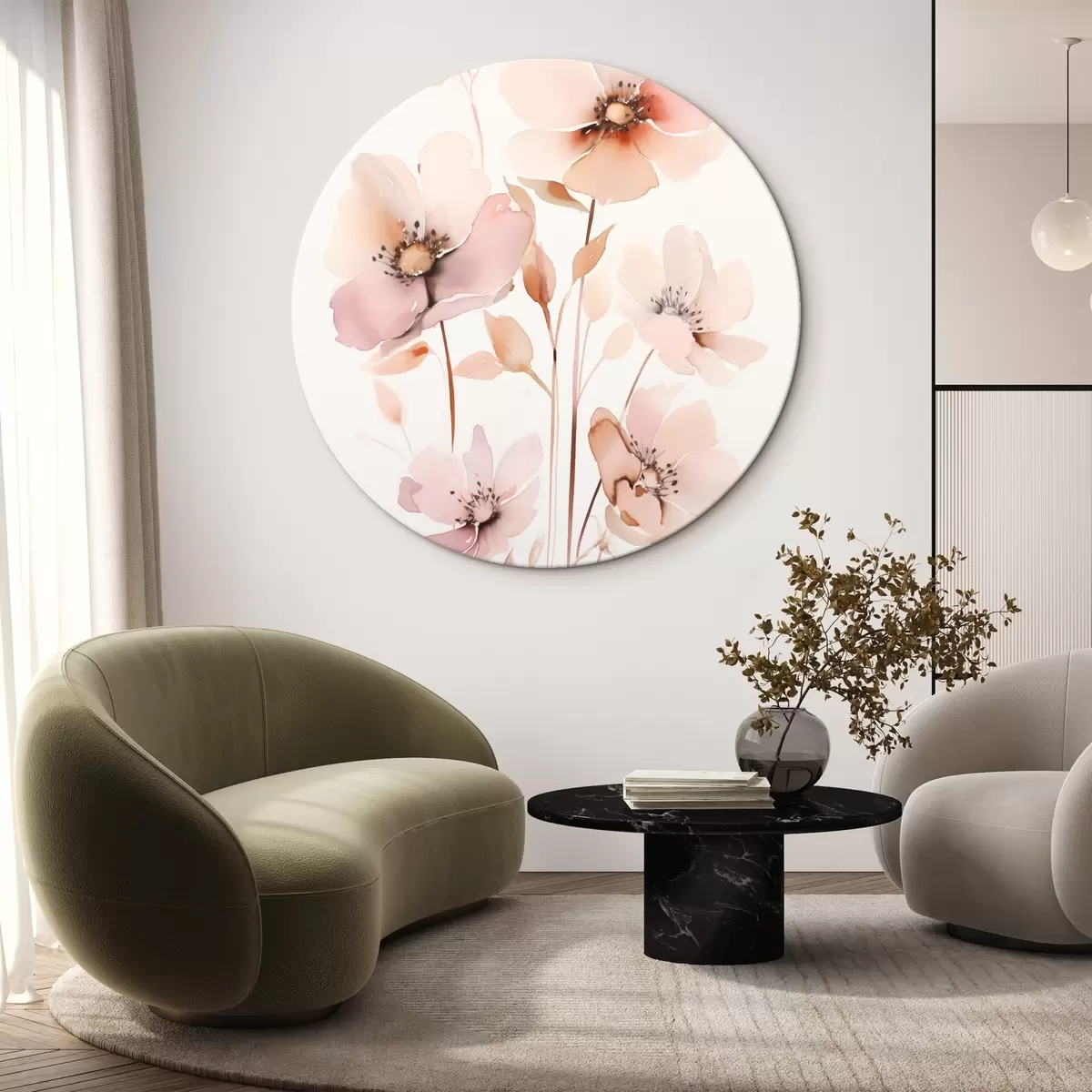 Runde Wandbilder Aquarell rosa Blumen auf dünnen Stielen r45701