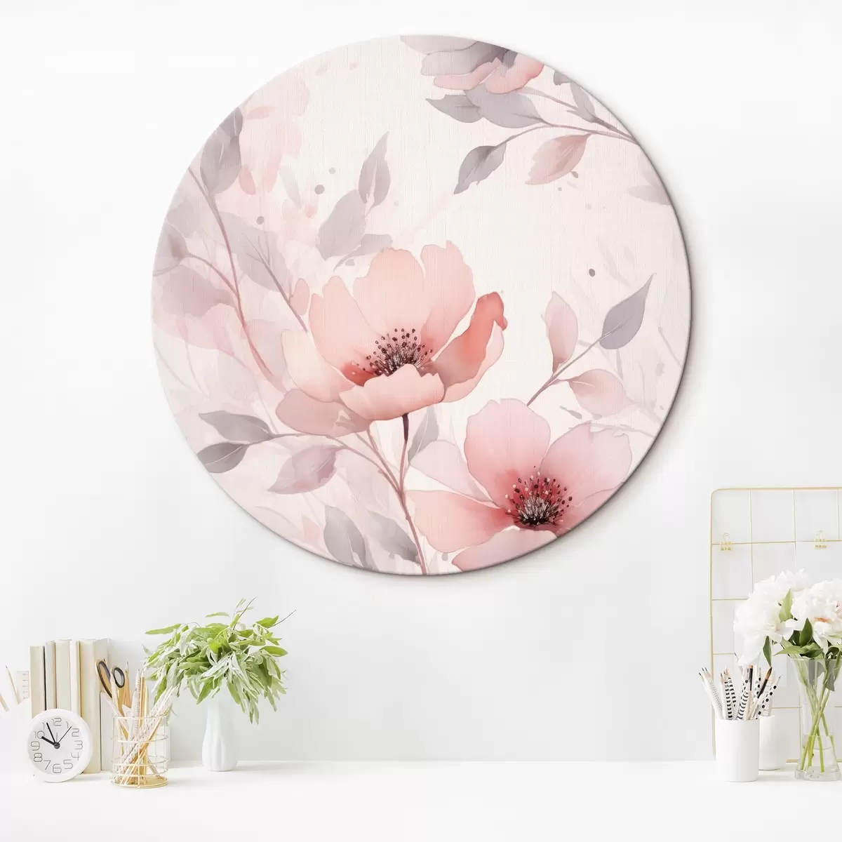 Runde Wandbilder Zarte rosa-graue Blumen mit Aquarelleffekt r45702