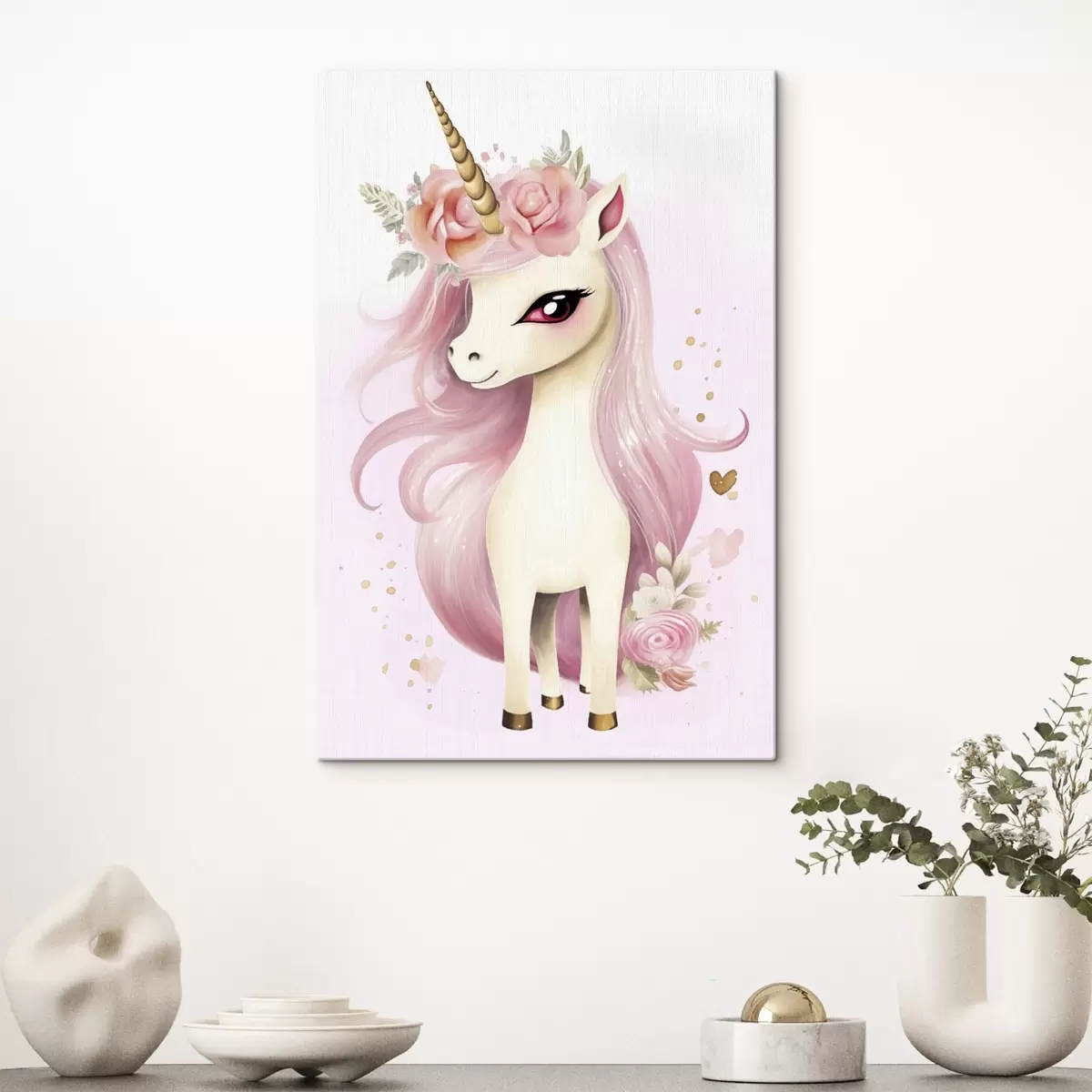 Fototapete Einhorn mit rosa Mähne und Blumenkranz s45484