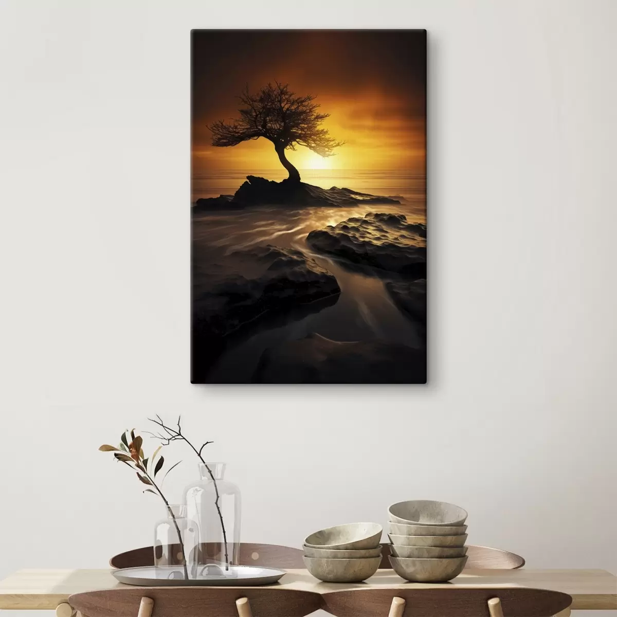 Fototapete Einsamer Baum auf einer Klippe bei Sonnenuntergang s45524