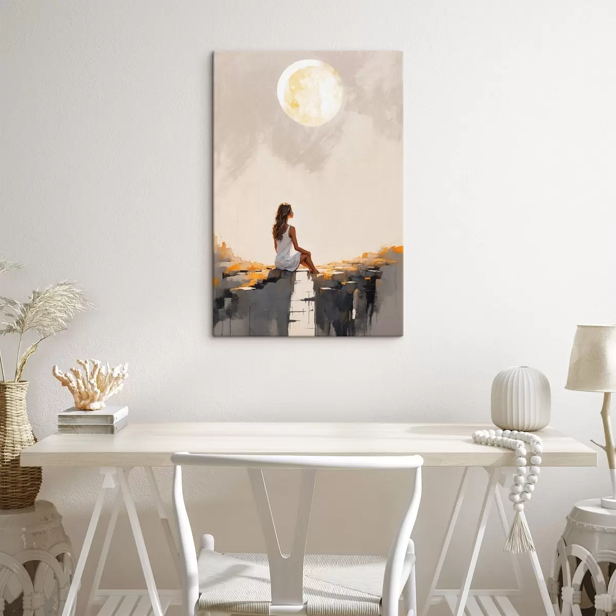 Fototapete Mädchen im weißen Kleid sitzt unter einem großen Mond s45621
