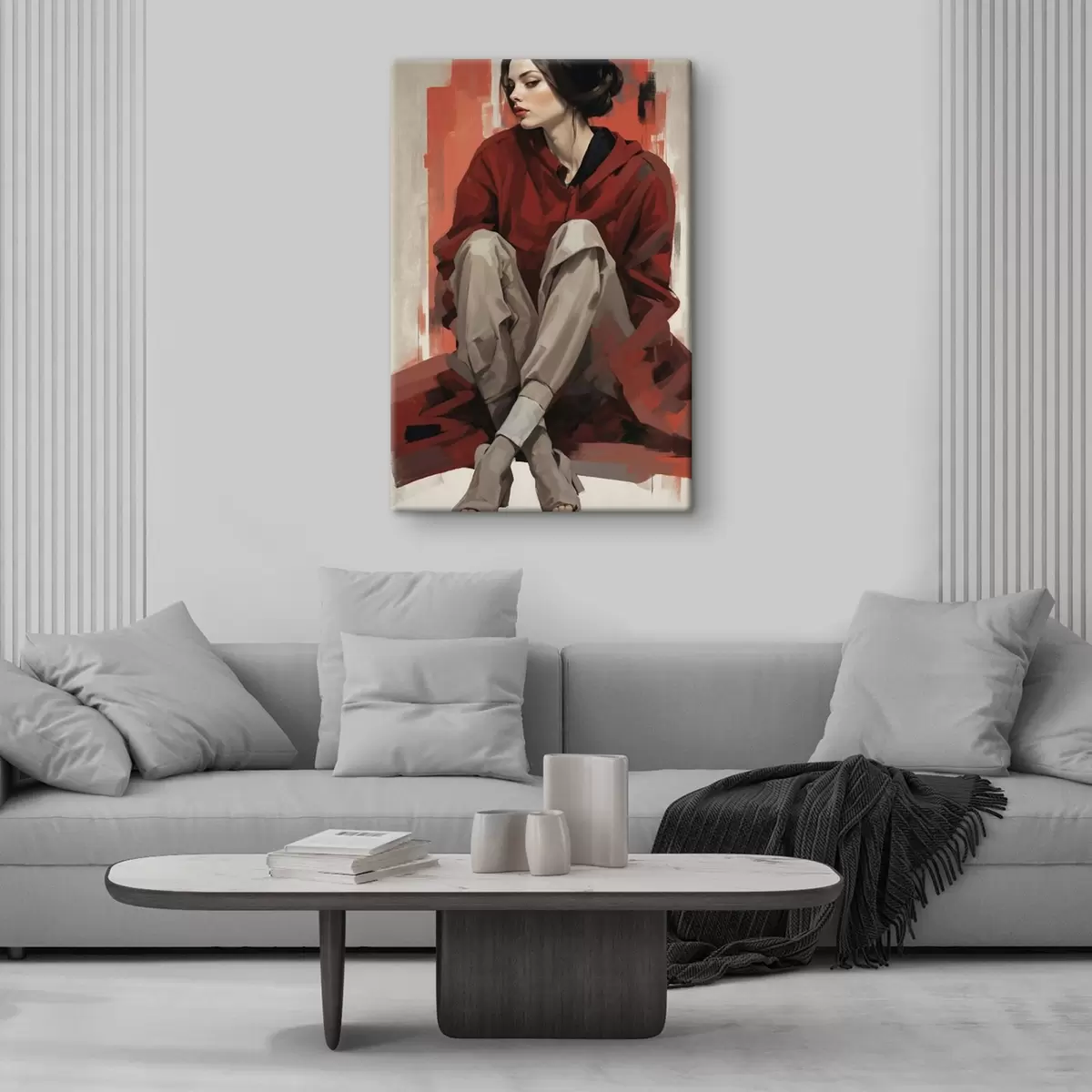 Fototapete Mädchen in rotem Mantel sitzend mit verschränkten Beinen s45624