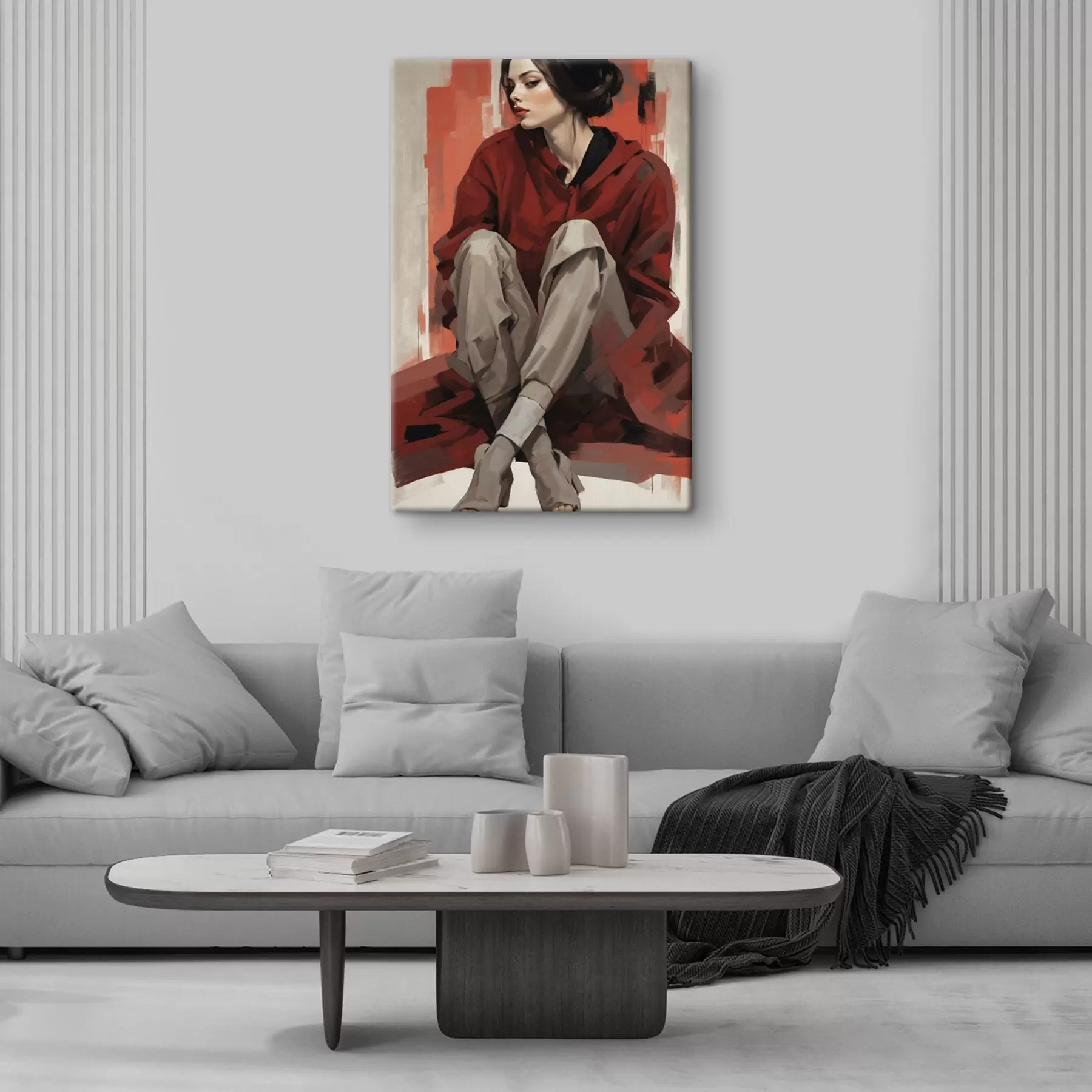 Fototapete Mädchen in rotem Mantel sitzend mit verschränkten Beinen s45624