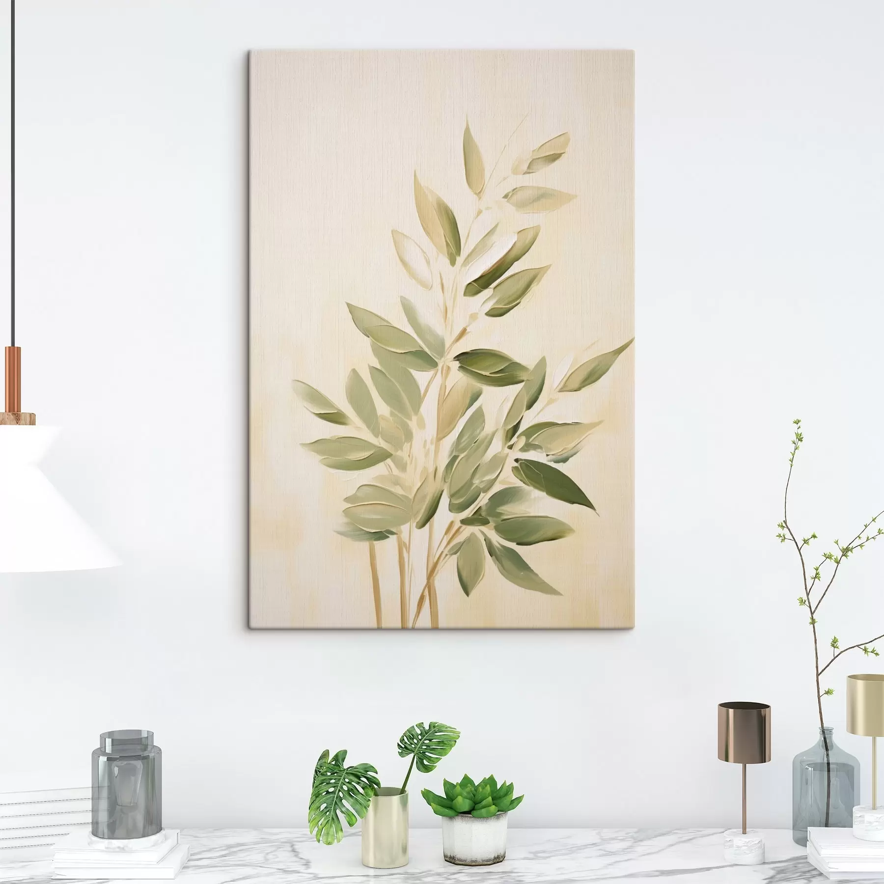 Fototapete Zweig mit grünen Blättern auf einem hellbeigen Hintergrund s45689