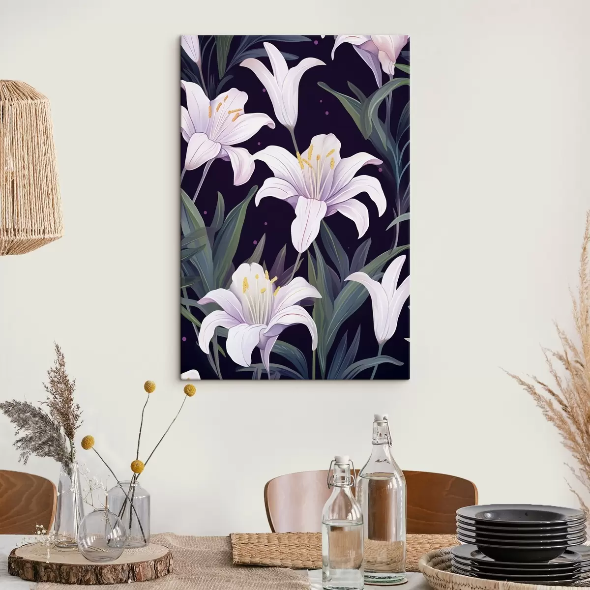 Fototapete Zarte Lilien auf dunklem Hintergrund mit grünen Blättern s45697