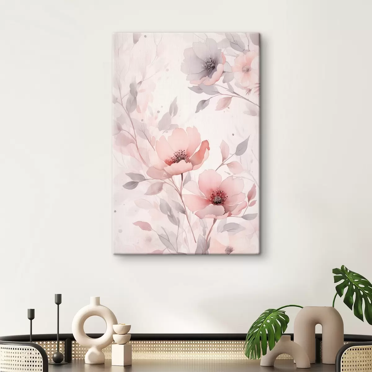 Fototapete Zarte rosa-graue Blumen mit Aquarelleffekt s45702