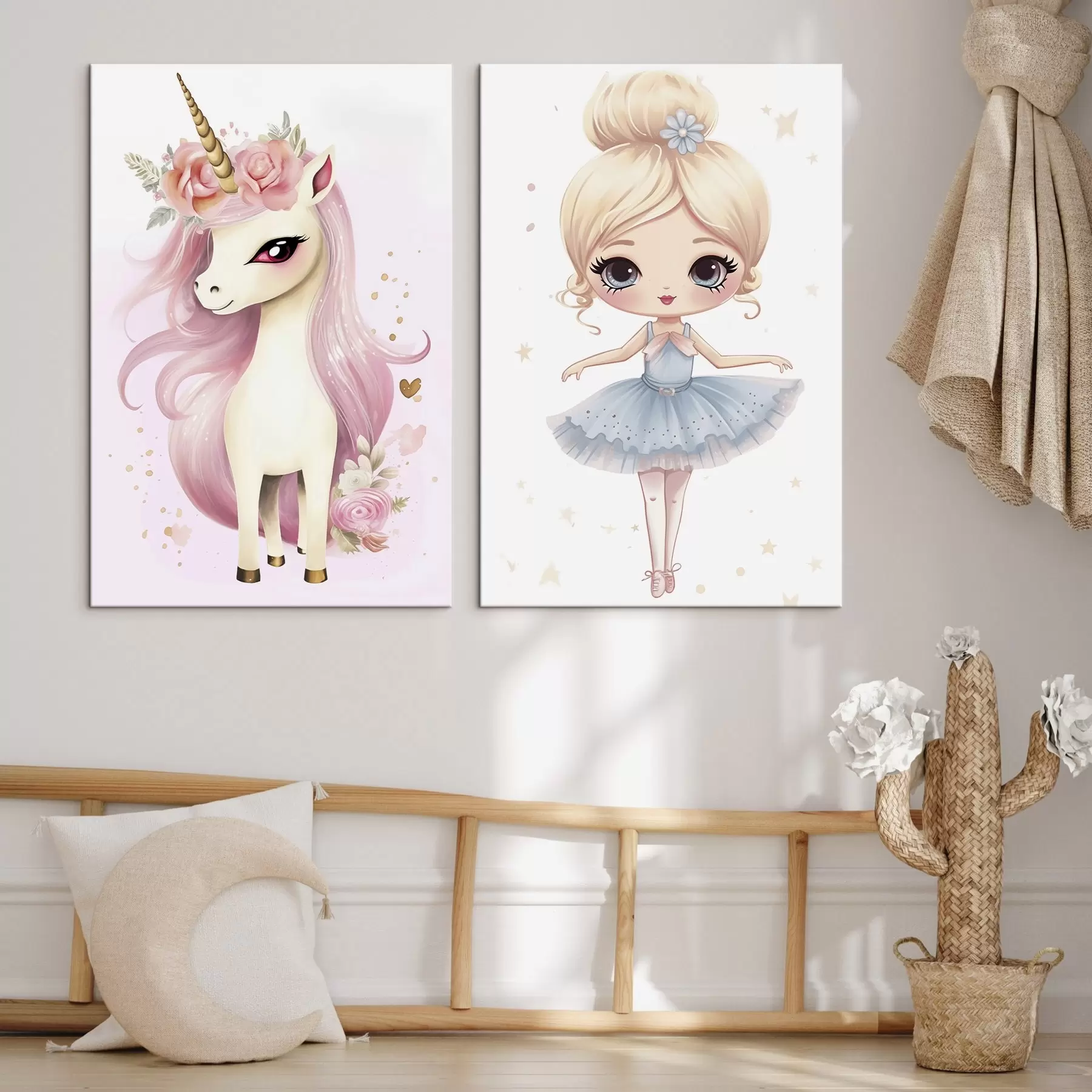 Fototapete Ballerina-Puppe im blauen Kleid und Einhorn mit rosa Mähne m00692