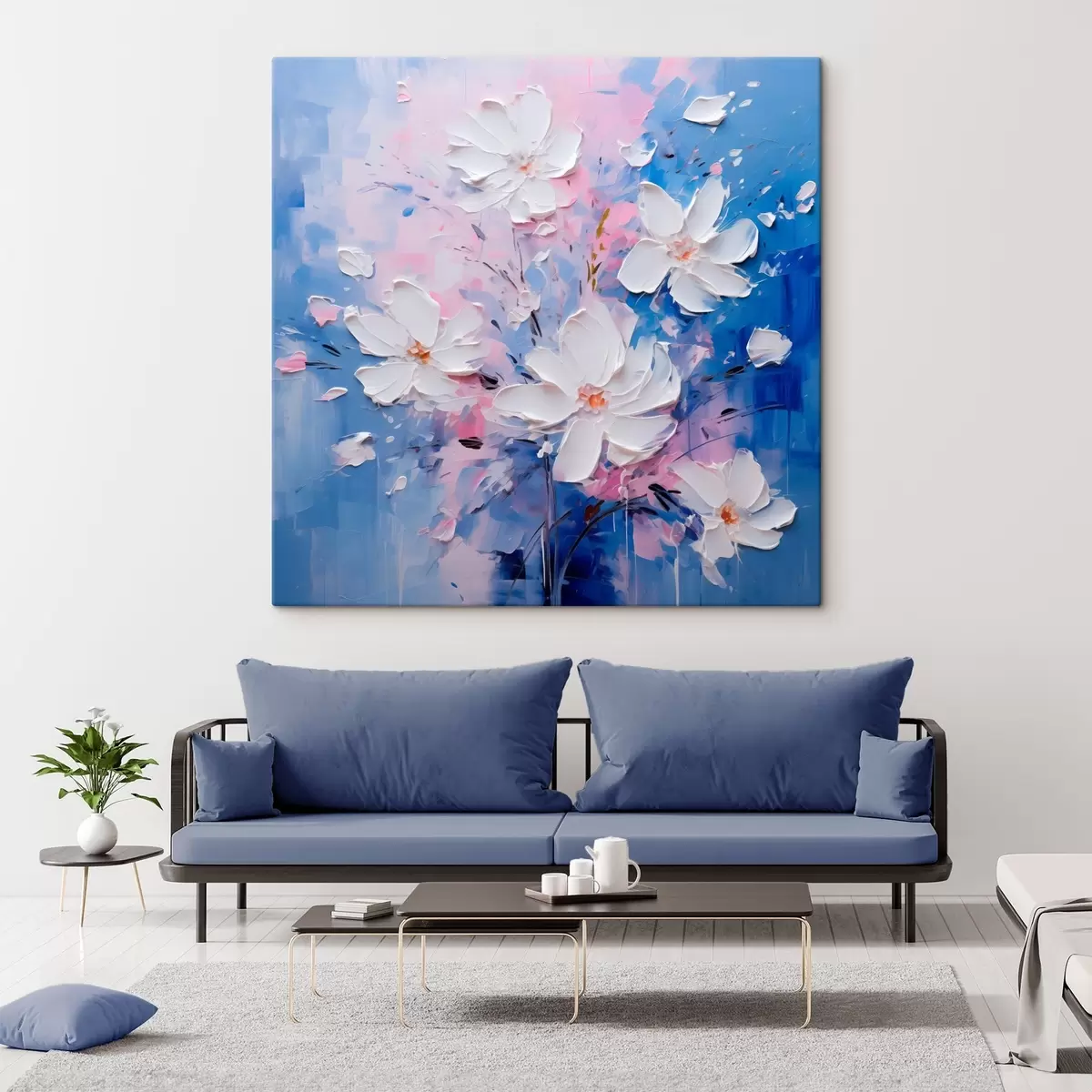 Fototapete Volumetrische Blumen auf blauem Hintergrund im Impasto-Stil s45648