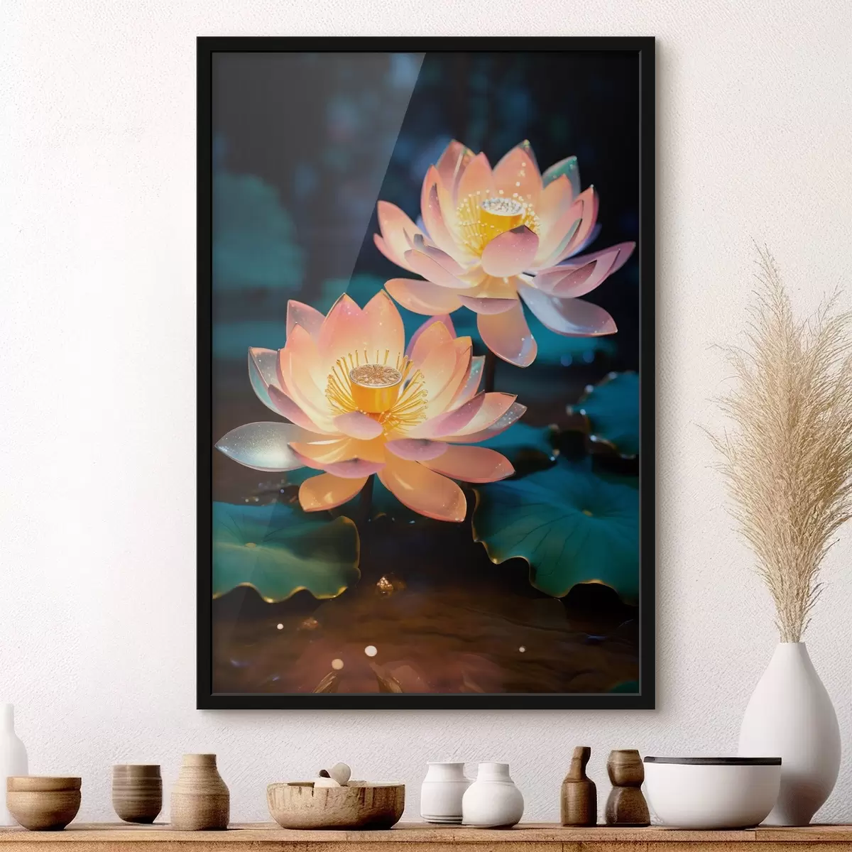 Poster Zarte Lotosblumen auf dem Wasser im Realismus-Stil f45644