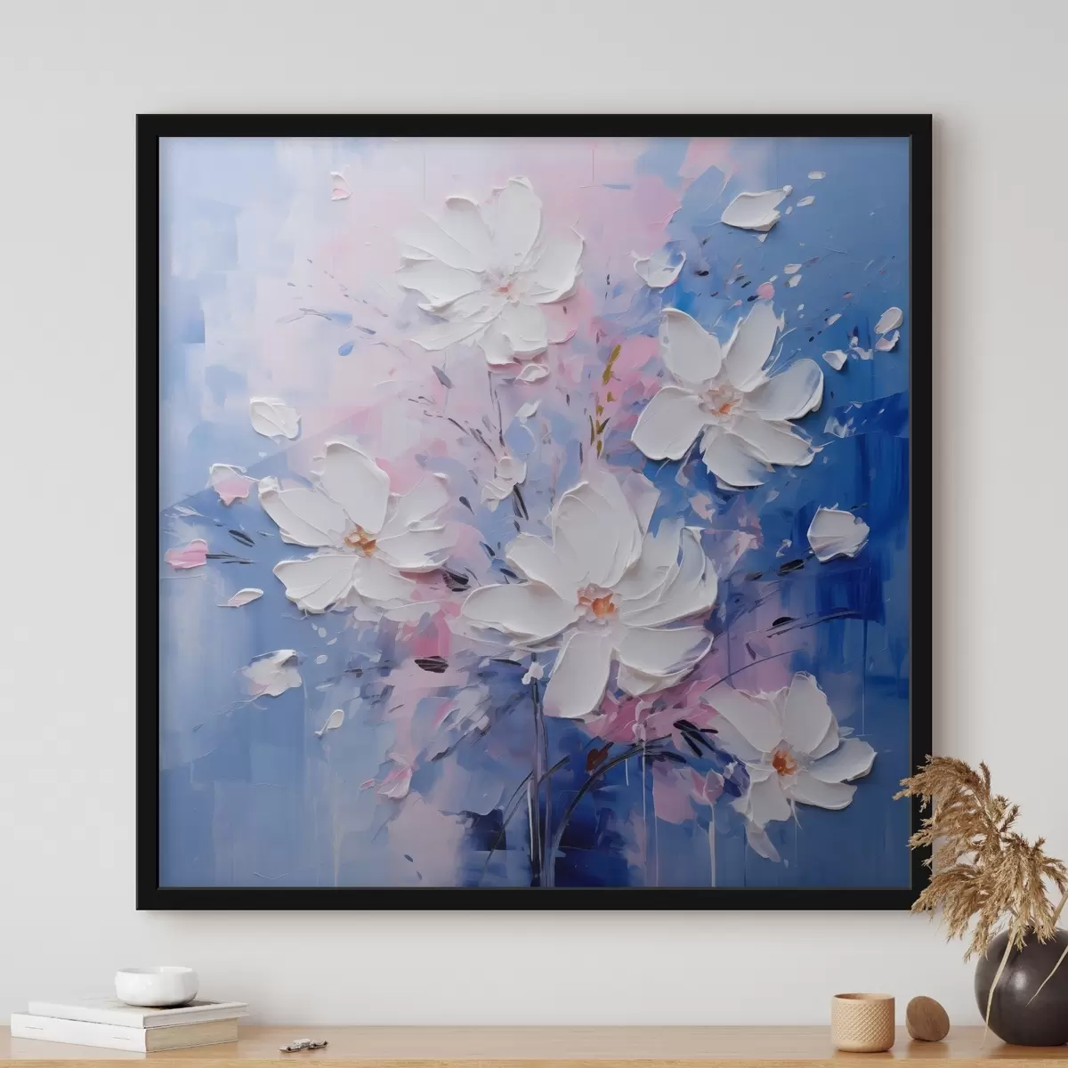 Poster Volumetrische Blumen auf blauem Hintergrund im Impasto-Stil f45648