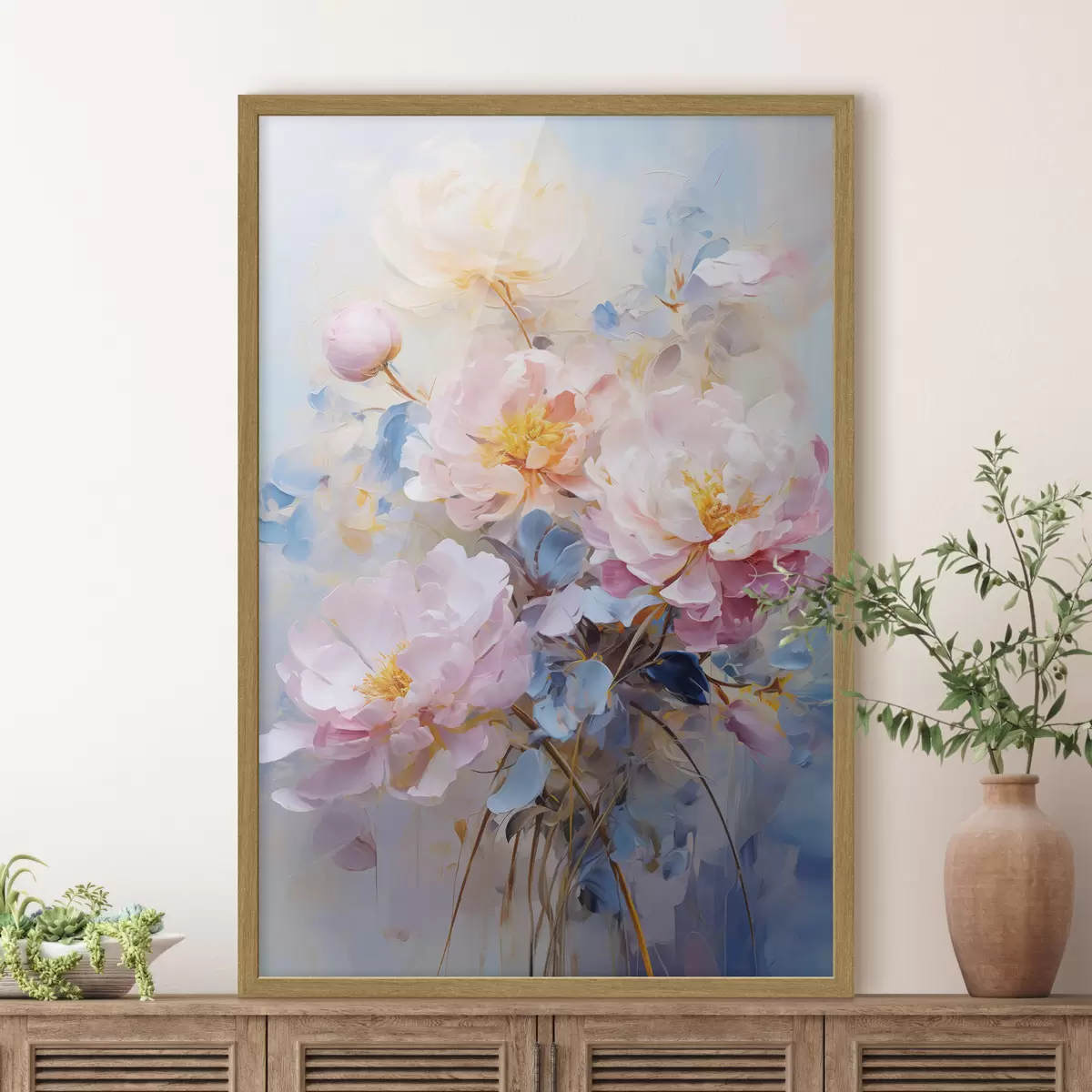 Poster Abstrakte Blumen: rosa und blaue Farbtöne f45652
