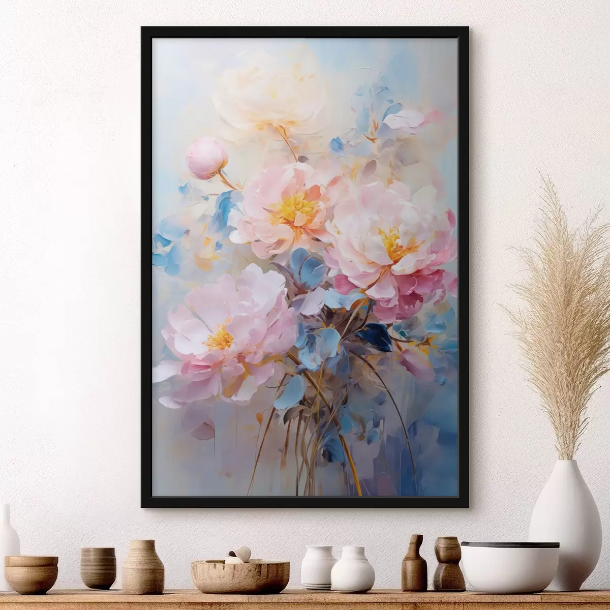 Poster Abstrakte Blumen: rosa und blaue Farbtöne f45652