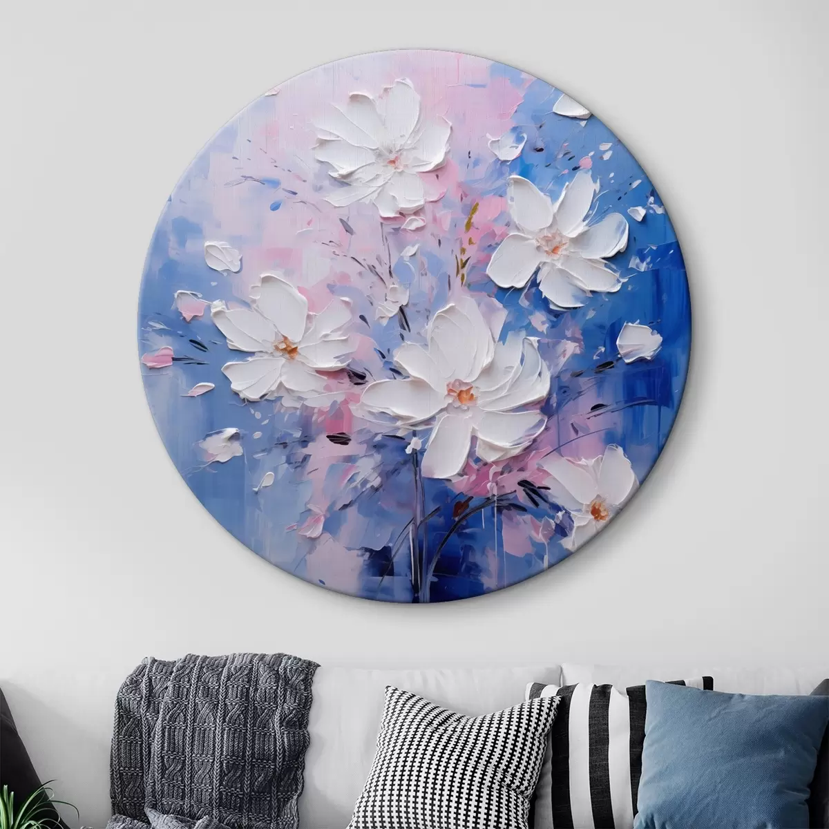 Runde Wandbilder Volumetrische Blumen auf blauem Hintergrund im Impasto-Stil r45648