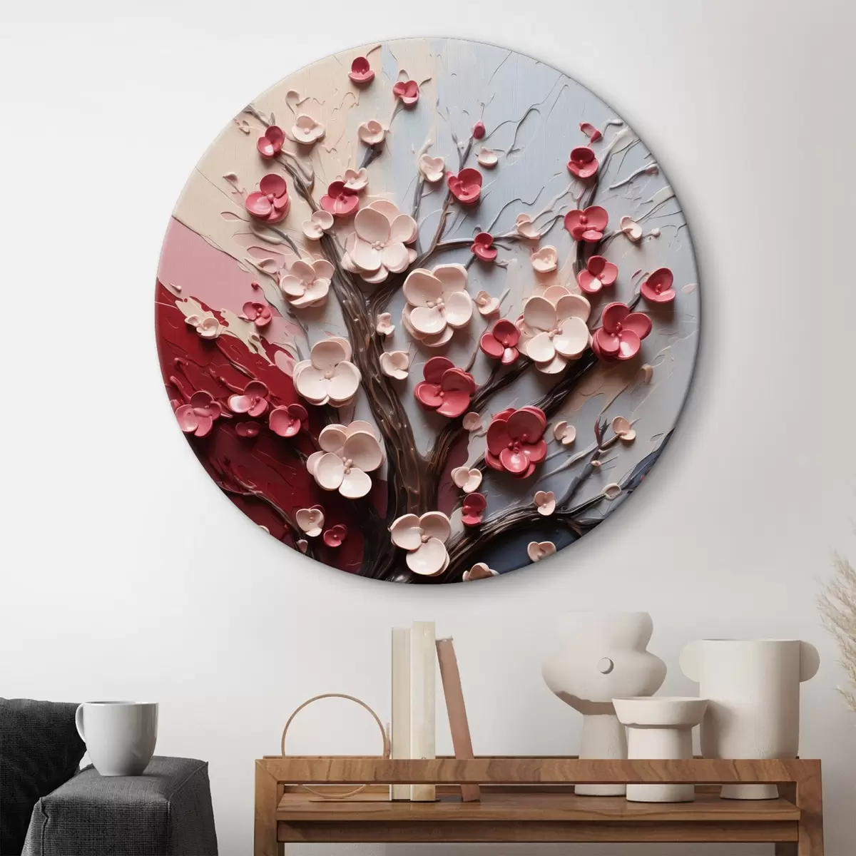 Runde Wandbilder Volumetrische Sakura in strukturiertem Malstil r45650