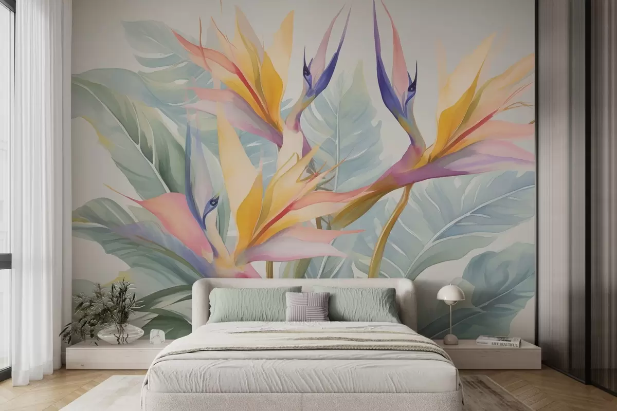 Fototapete Strelitzia-Blüten und -Blätter w04527
