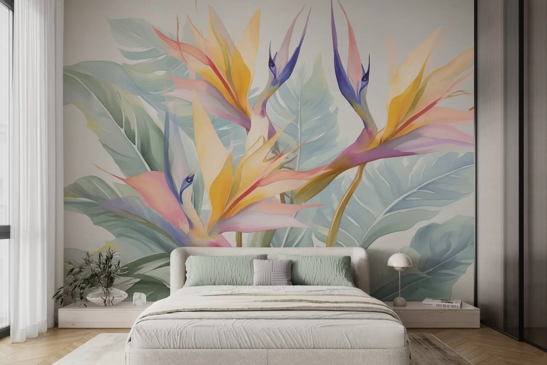 Fototapete Strelitzia-Blüten und -Blätter w04527