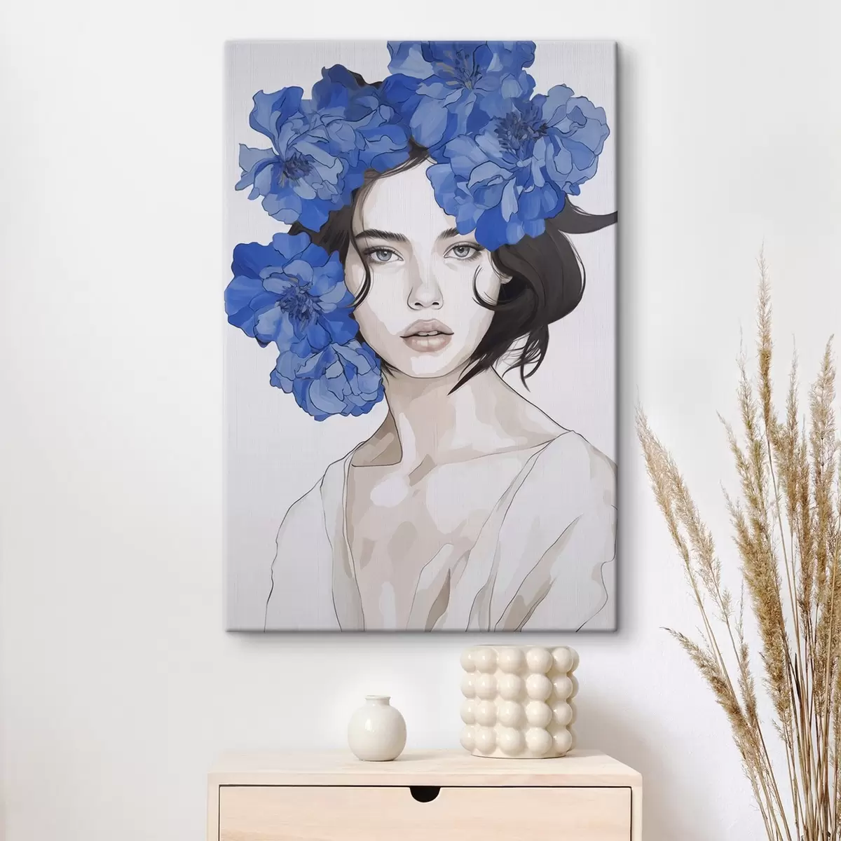 Fototapete Porträt eines Mädchens mit blauen Blumen s45756