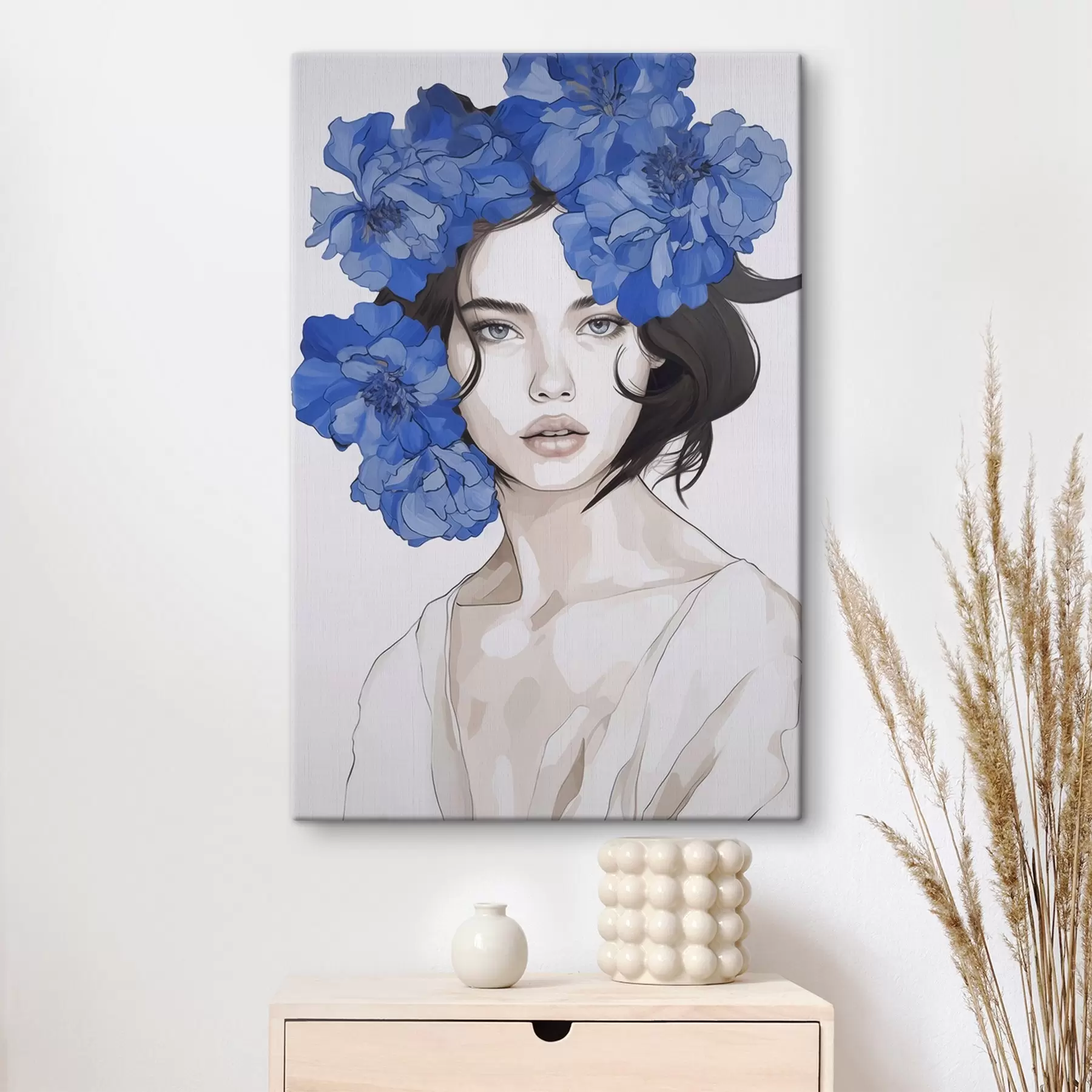 Fototapete Porträt eines Mädchens mit blauen Blumen s45756