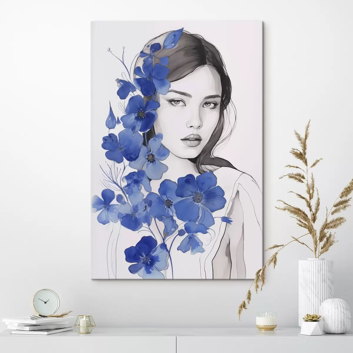 Fototapete Mädchen und blaue Blumen s45757